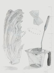 白菜、おたま、計量カップ、スポンジ